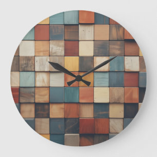 Grande Horloge Ronde Motif de blocs de bois colorés rustiques
