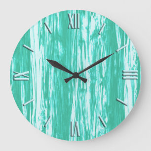 Grande Horloge Ronde Motif de bois de flottage - turquoise et blanc