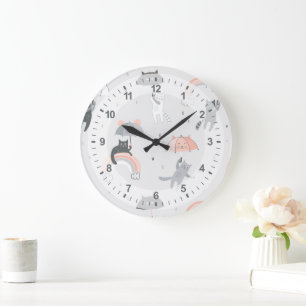 Grande Horloge Ronde Motif de chats à plume