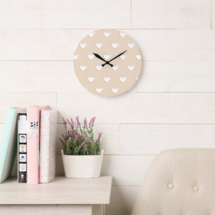 Grande Horloge Ronde Motif de coeur simple mignon rose blanc beige