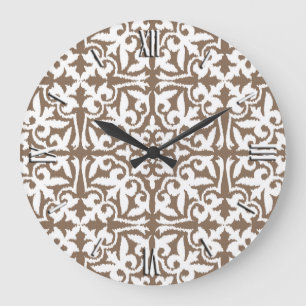 Grande Horloge Ronde Motif de damassé d'Ikat - Taupe Tan et blanc