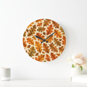 Grande Horloge Ronde Motif de feuilles de chêne d'automne Esthétique
