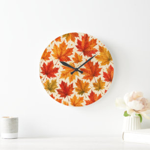 Grande Horloge Ronde Motif de feuilles d'érable d'automne Feuille rou