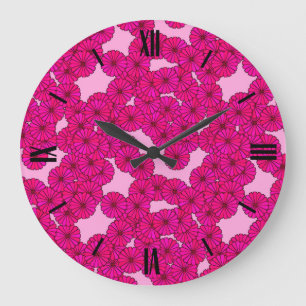 Grande Horloge Ronde Motif de fleur d'art déco - magenta sur le rose