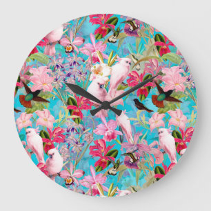 Grande Horloge Ronde Motif De Fleur D'Oiseau Et D'Orchidées Rose Tropic