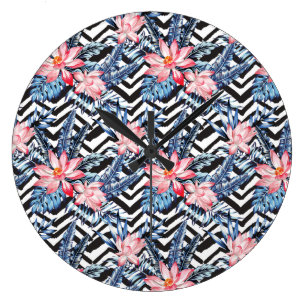 Grande Horloge Ronde Motif de fleur tropical de Lotus
