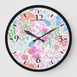 Grande Horloge Ronde Motif de fleurs aquarelles colorées mignonnes