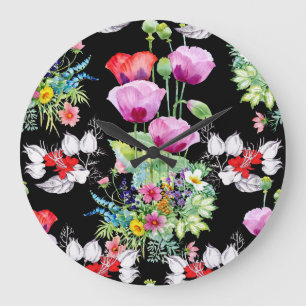Grande Horloge Ronde Motif de fleurs d'été colorées de pavot