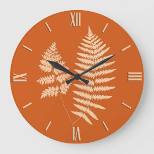 Grande Horloge Ronde Motif de fougère boisée, pastel et profonde orange