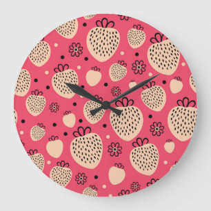 Grande Horloge Ronde Motif de fraise rose : design doux et homogène