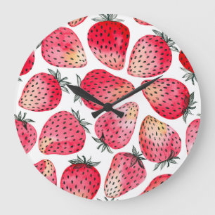 Grande Horloge Ronde Motif de fraises d'aquarelle.