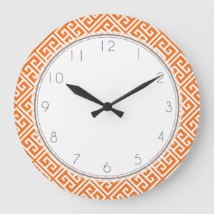 Grande Horloge Ronde Motif de la clé grecque Tangerine Orange