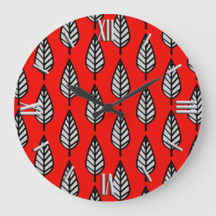 Grande Horloge Ronde motif de la feuille de hêtre - Rouge, noir et gris