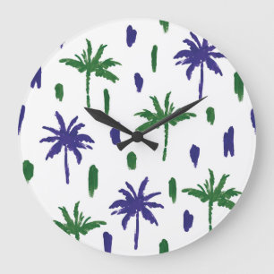 Grande Horloge Ronde Motif de la marine Blue Green Palm