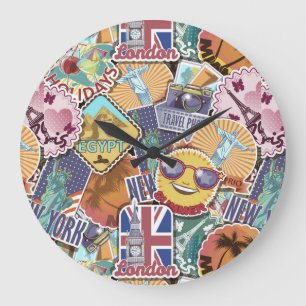Grande Horloge Ronde Motif de l'autocollant de voyage coloré