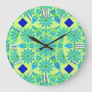 Grande Horloge Ronde Motif de mandala, turquoise, bleu, vert de chaux
