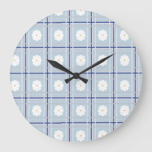 Grande Horloge Ronde Motif de marguerite à carreaux bleus