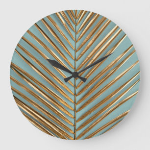 Grande Horloge Ronde Motif de palme tropicale peint en or
