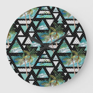Grande Horloge Ronde Motif de palmes et vagues géométriques Abstraite