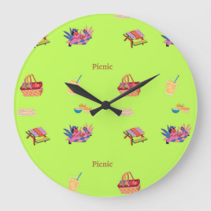 Grande Horloge Ronde Motif de pique-nique sur vert
