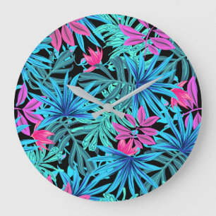 Grande Horloge Ronde Motif de plante tropicale rose et bleu néon
