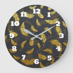 Grande Horloge Ronde Motif De Plumes Noir Et Or