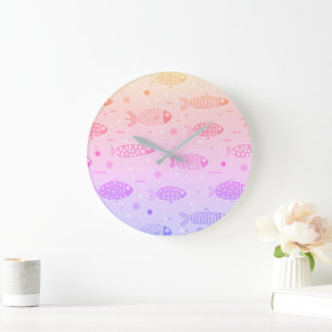 Grande Horloge Ronde Motif de poisson couché de soleil rayonnant modern