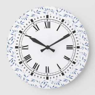 Grande Horloge Ronde Motif de saule élégant bleu et blanc