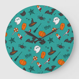 Grande Horloge Ronde Motif de style plat Halloween Turquoise.