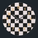 Grande Horloge Ronde Motif de tableau de bord noir rétro<br><div class="desc">Cool frais à damiers design motif,  décoration de design d'intérieur moderne pour la maison,  salon,  chambre de pépinière,  chambre pour enfants. à damiers rideaux colorés,  tapis,  téléphone. à damiers les années 70 et les années 60 tendances design idée. Vérificateurs en noir et blanc</div>
