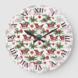 Grande Horloge Ronde Motif de traîneau de Noël vintage à l'aquarelle