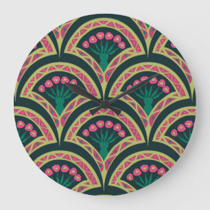 Grande Horloge Ronde Motif de ventilateur floral rose et vert