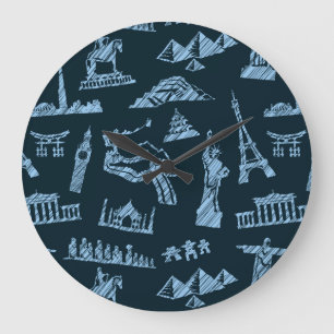 Grande Horloge Ronde Motif de voyage dans le motif de bleus