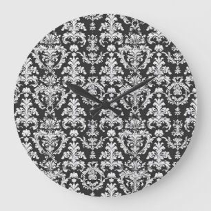 Grande Horloge Ronde Motif décoratif noir et blanc Damas