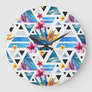 Grande Horloge Ronde Motif des fleurs tropicales géométriques