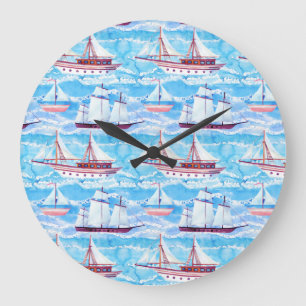 Grande Horloge Ronde Motif des voiliers Watercolor