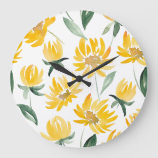 Grande Horloge Ronde Motif d'été feuille de fleurs jaunes