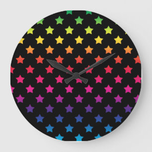 Grande Horloge Ronde Motif d'étoiles arc-en-ciel sur fond noir