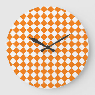 Grande Horloge Ronde Motif diamant à carreaux orange et blanc