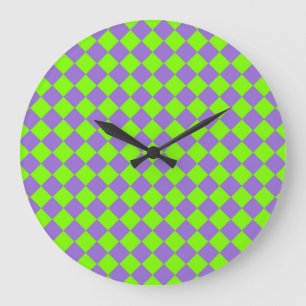 Grande Horloge Ronde Motif diamant à carreaux vert et violet