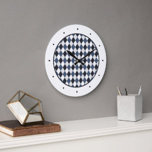 Grande Horloge Ronde Motif diamant gris et blanc arlequin