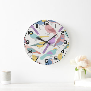 Grande Horloge Ronde Motif d'oiseaux chanteurs pastel Oiseaux d'aquarel