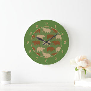 Grande Horloge Ronde Motif d'ours sur Cabine vert