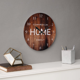 Grande Horloge Ronde Motif en bois foncé rustique Nom de famille du scr