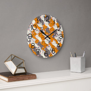 Grande Horloge Ronde Motif en diagonale du chat noir blanc gingembre