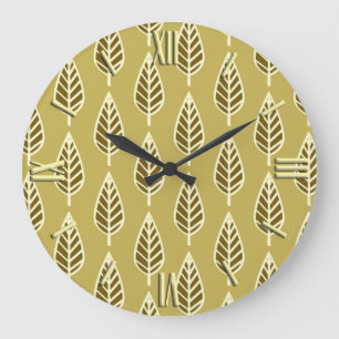 Grande Horloge Ronde Motif en feuille de hêtre - Chameau tan et brun