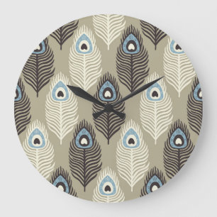 Grande Horloge Ronde Motif en plumes de paon, style vintage.