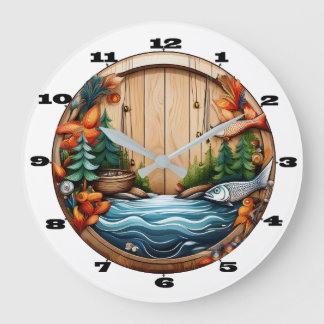Grande Horloge Ronde Motif extérieur et pêche sur bois