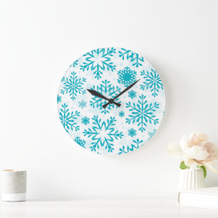 Grande Horloge Ronde Motif Flocon de Neige Bleu