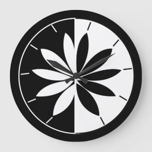Grande Horloge Ronde Motif floral à cercle noir et blanc